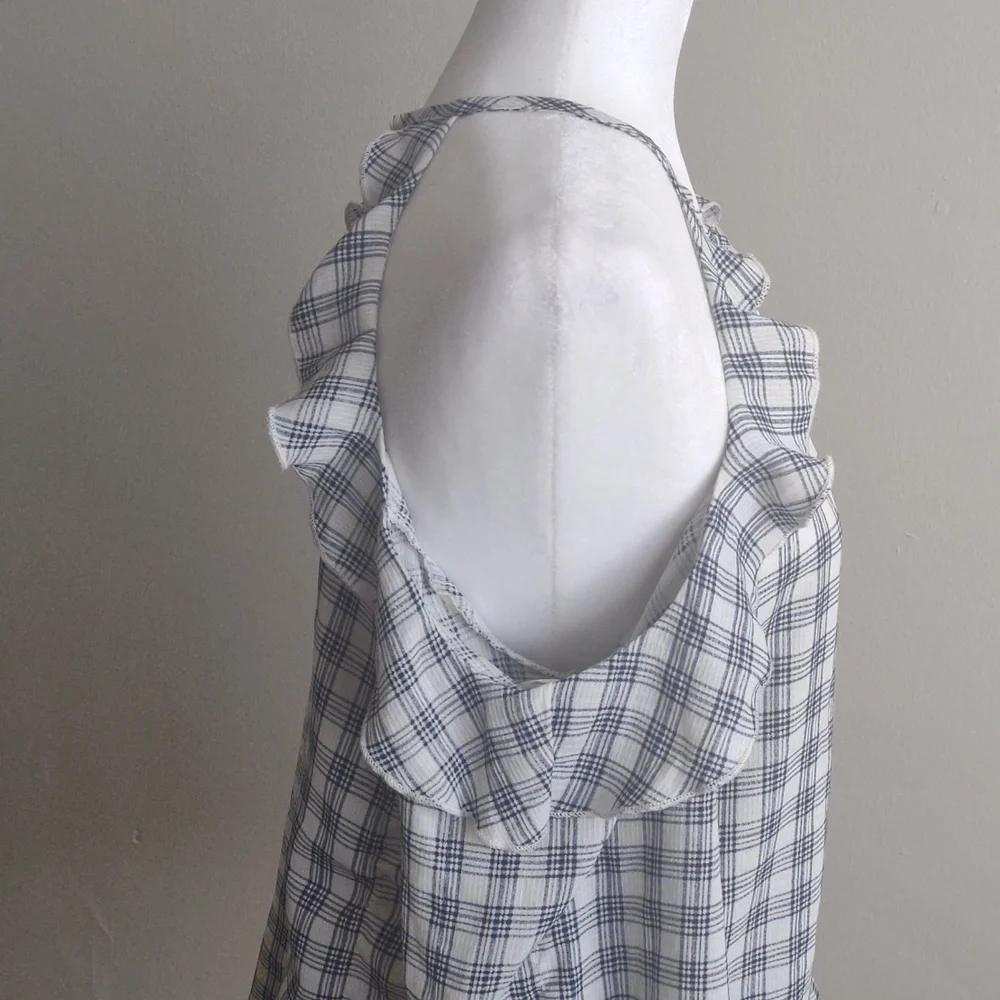 Gilly off-the-shoulder top with sleeves. Size S Blue/white plaid. 100% polyester - Picture 3 of 8